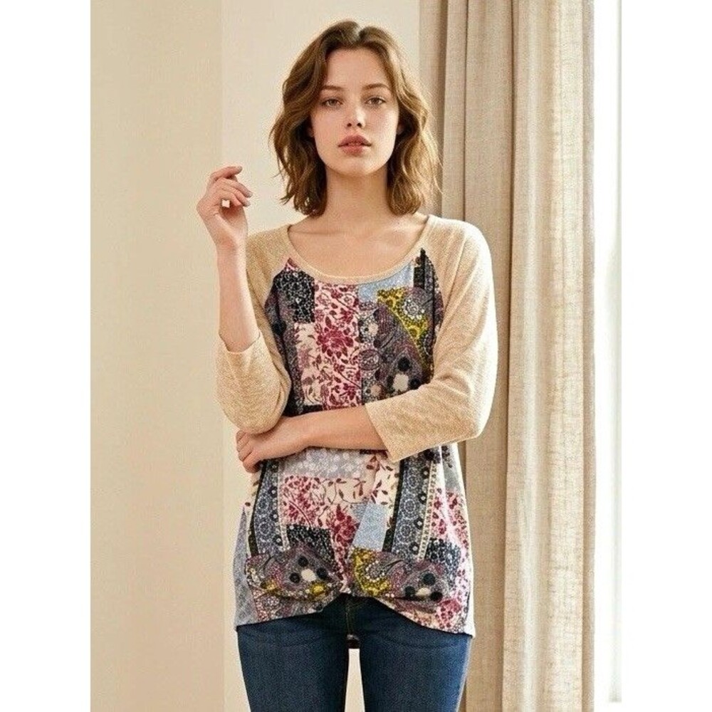 ALTO Beige Multicolor Patchwork Scoop Neck Raglan Long Sleeve Knit Tunic XL